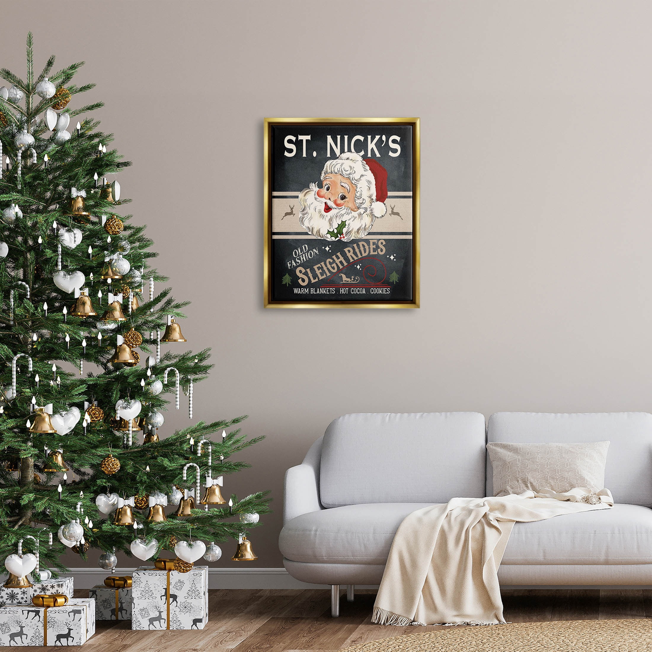St. Nick's Sleigh Rides Vintage Style Sign Holiday Graphic Art Metallic Gold Framed Art Print Wall Art