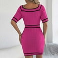thumbnail image 4 of ZQUUVOU Women's Knit Sweater Dress Short Sleeve Square Neck Button Front Contrast Trim Fitted Bodycon Mini Dress Hot Pink, 4 of 5