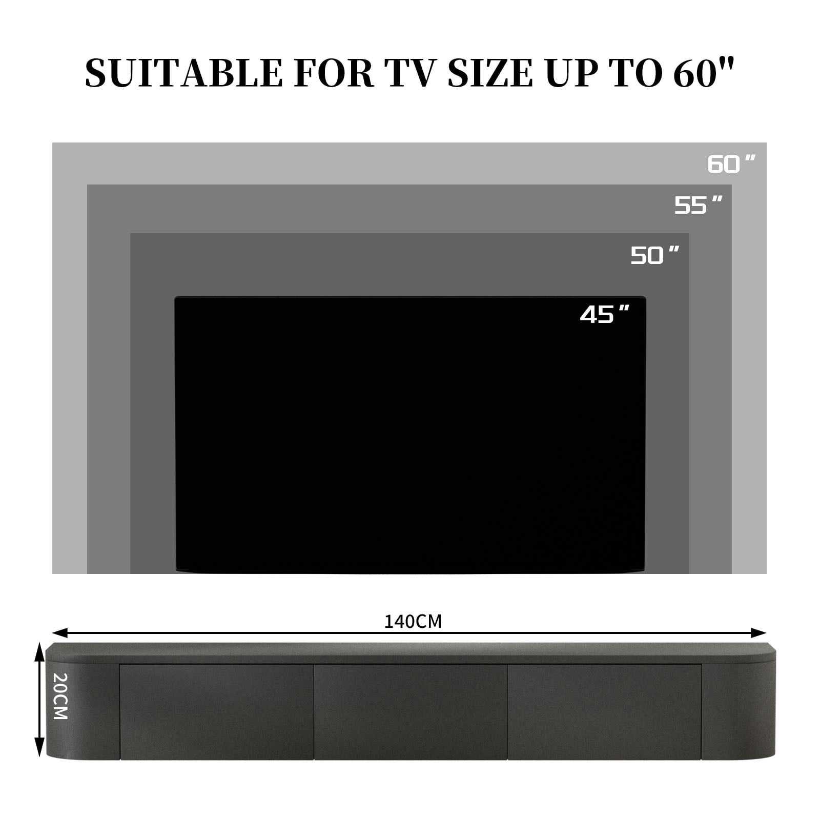 Wall Mounted Floating TV Stand Modern Media Console with 2 Drawers 1 Silent Door for Living Room Home Office (Black 140CM/55.1'')