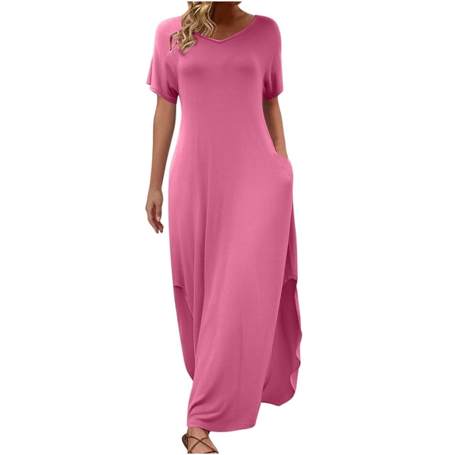 Mgmyaa Robe Maxi d'Été pour Femmes Manches Courtes Col en V Décontractée Ample Longue Plage Fendue avec Poches