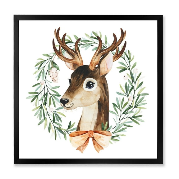 Designart 'Floral Wreath Isolated On White Over Deer' Farmhouse Framed Art Print