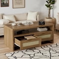 thumbnail image 1 of Ourlova 40" Rectangle Boho Mid-Century Modern Rattan Coffee Table, Center Table with 2 Rattan Drawers, Open Display Shelf, Gold Handles, 1 of 7