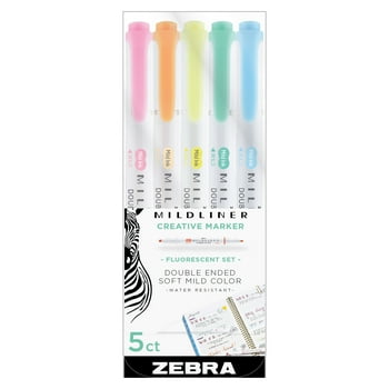 Zebra Mildliner Double-Ended Highlighter Set, Fine and Broad Tip, 5 Pack, Fluorescent
