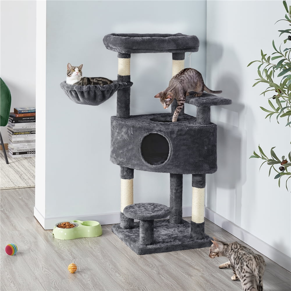 Alden Design 46" Multilevel Cat Tree with Basket Condo Scratching Posts, Dark Gray
