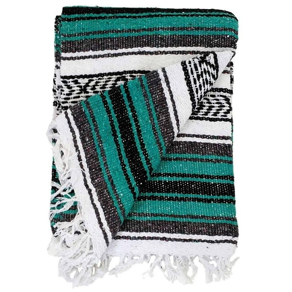 Mexican Blanket Teal Black White Yoga Blanket | Green Falsa | Beach Blanket | Serape | Turquoise Outdoor Blanket | Throw Blanket for Bed, Couch, Van, Picnic, or Travel