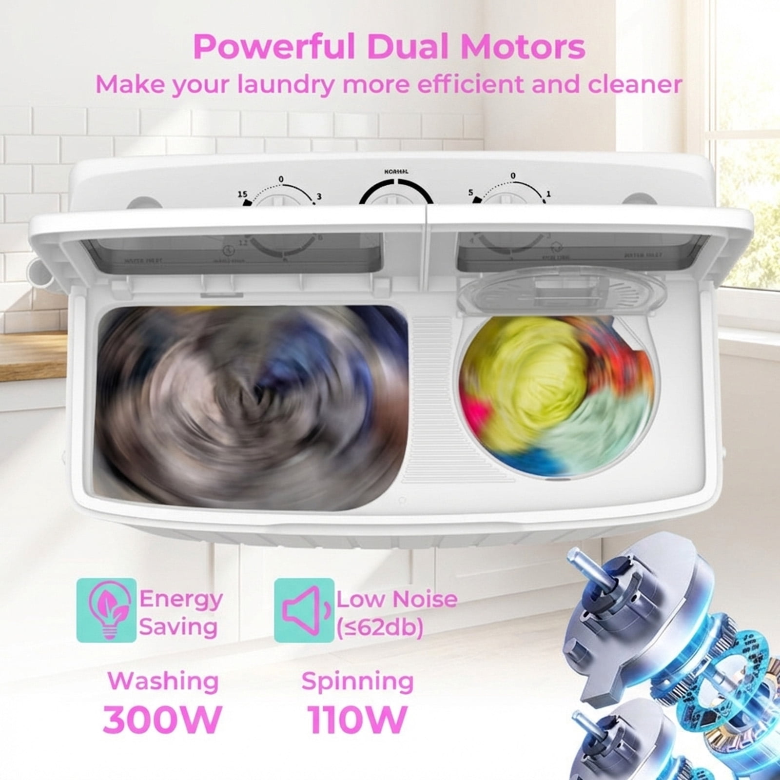 RUIE Portable Washing Machine,20 Lbs Twin Tub Washer with Gravity Drain and Dual Motors,12 Lbs Wash and 8 Lbs Spin,3 Modes,Compact Washer for Apartment Dorm RV