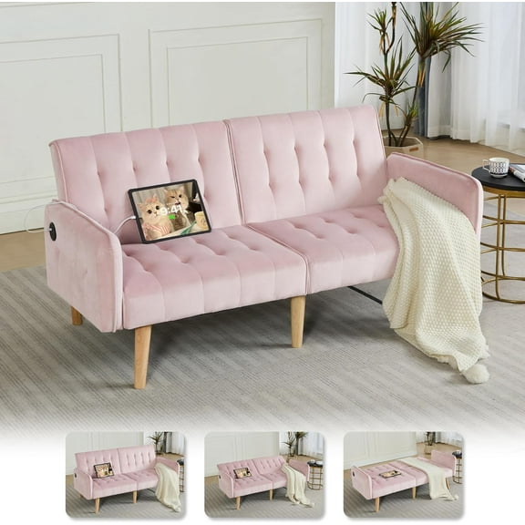 TYBOATLE 65" W Velvet Modern Convertible Folding Futon Couch Sofa Bed w/ 2 USB Charging Ports and arms, Loveseat for Compact Living Space, Dorm, Game Studio, Bonus Room, Apartment, Bedroom (Pink)