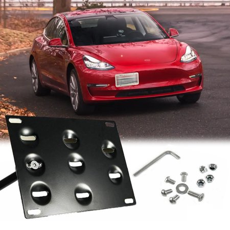 Xotic Tech Set Black Front Bumper Tow Hook License Plate Mount Bracket Relocator Kit for Tesla Model 3 2017-up - No Drill