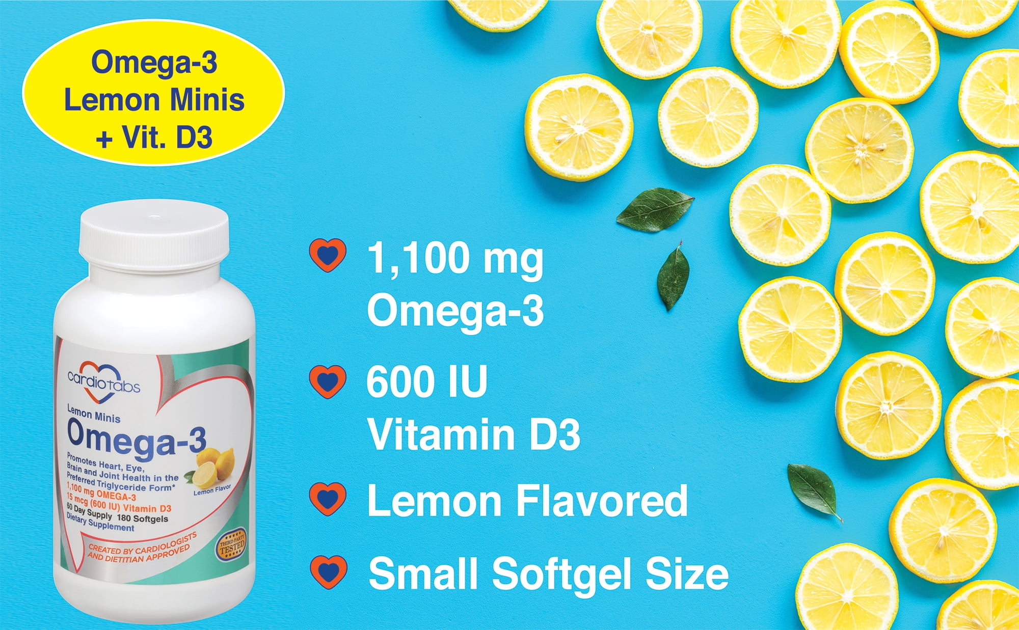 Cardiotabs Omega-3 Lemon Minis Dietary Supplement Softgels 180 ct Bottle
