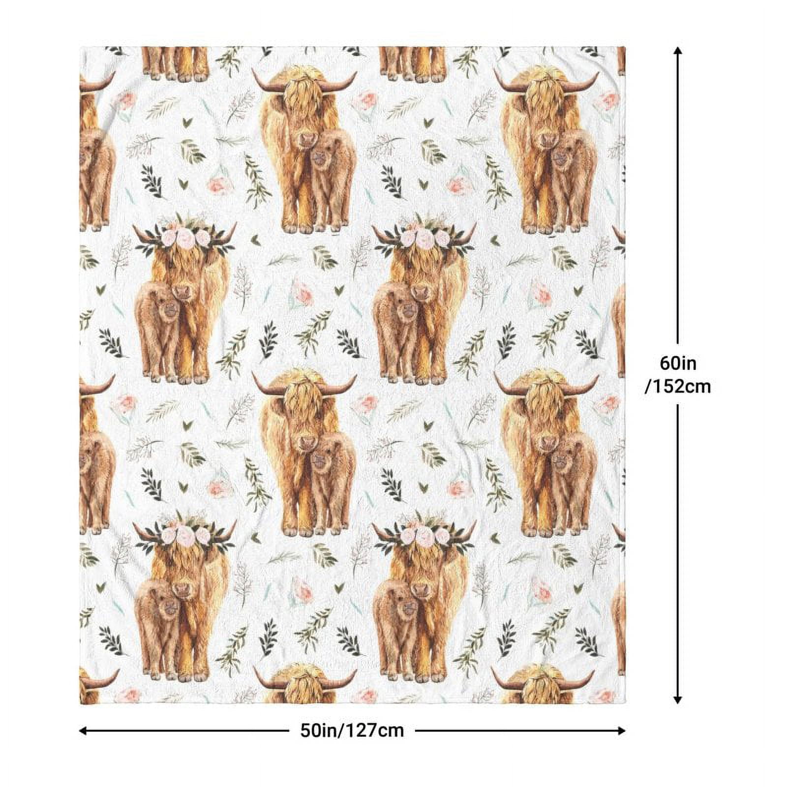 Highland Cow Print Blanket Cute Rustic Farm Animal Cow and Flowers Throw Blankets Soft Flannel Bedding Blanket 60"x80"