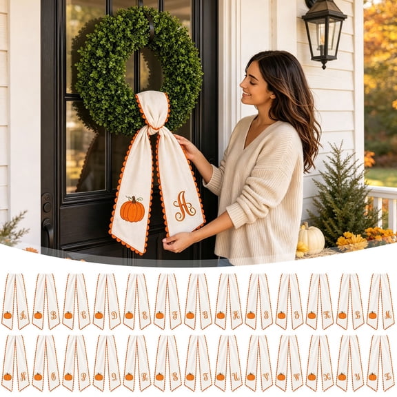 YAMB Pumpkin Embroidered Wreath Sash, 50" Halloween Linen Seasonal Decorative Ribbon with Orange Scalloped Trim Edge, Soft Cotton Fabric Thanksgiving Front Door Wreath Decor