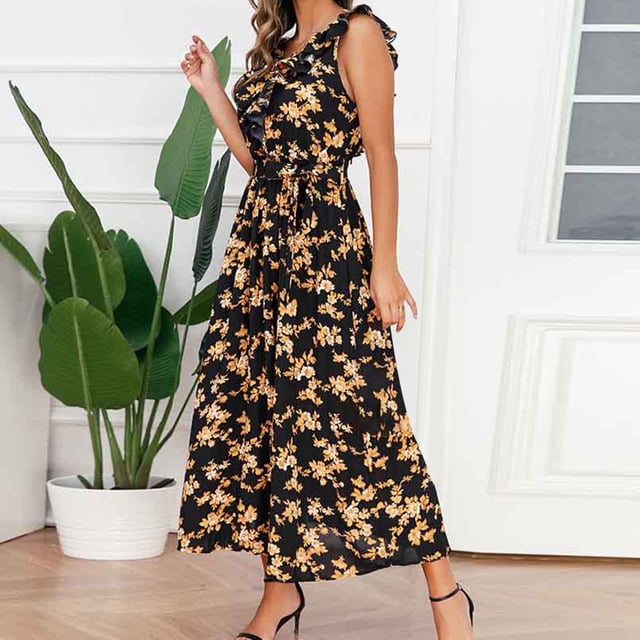 SMihono Robe Maxi Bohème d'Été pour Femmes Grande Taille Mode Décontractée Printemps et Été Imprimé Floral Sans Manches Col en V Robe de Plage