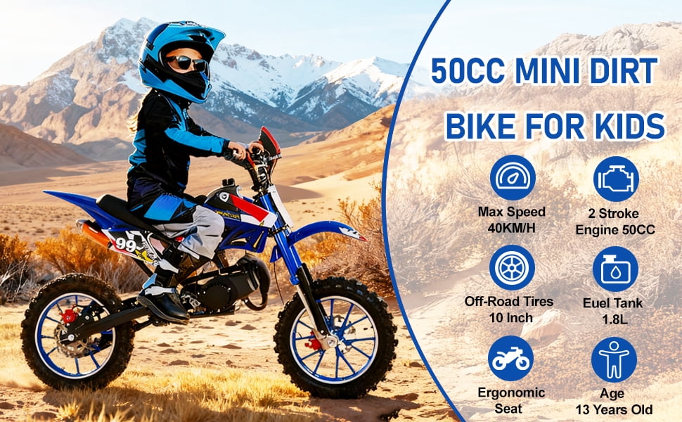 Korogimeeet 49cc 2-Stroke Blue Mini Motocross, Gas Powered Off-Road Bike, Inverted Hydraulic Shock Absorption, 10 Inch Tires, 40KM/H Max Speed, 1.8L Fuel Tank, 150kg Load, 47 x 30 Inch