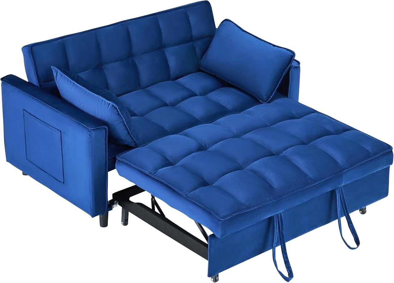 3 in 1 Convertible Sleeper Sofa Bed, 55" Modern Loveseat Pull Out Couch with Adjustable Reclining Backrest & Side Pockets, Velvet Loveseat for Living Room