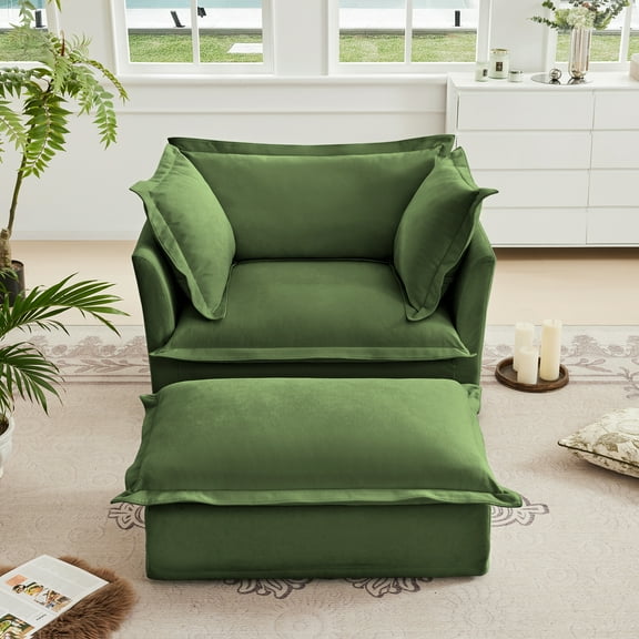 Miekor Furniture Upholstered Slipcovered Armchair with Ottoman, Deep Seat Armchair W/ Wide Ottoman for Living Room, Armchair Sets with Large Soft Pillows(Set of 2),Chenille Fabric,Green 31131