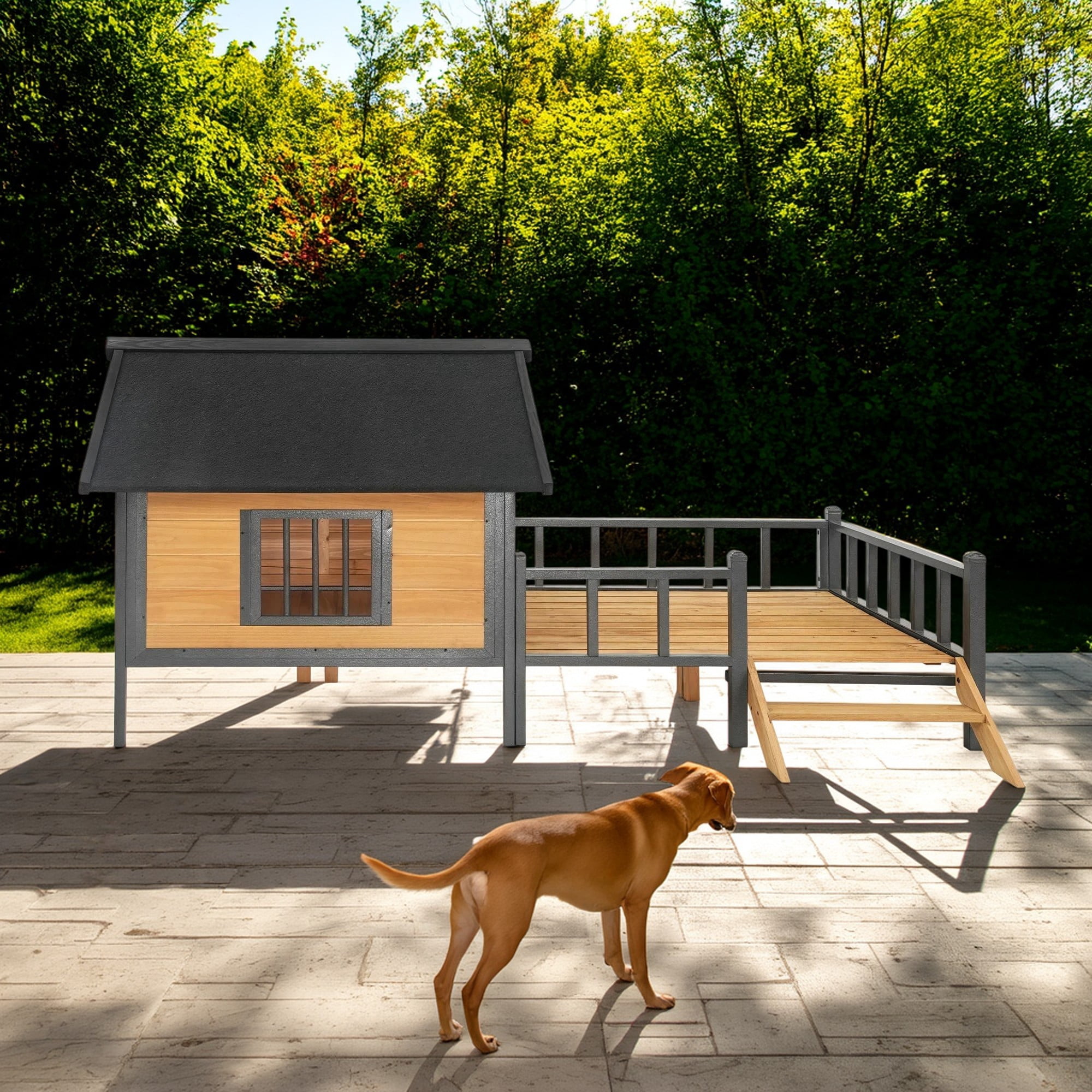 Pefilos 67" Wood Dog House for Medium Dogs, Outdoor and Indoor Cat Shelter, Weatherproof Pet Kennel with Porch, Beige