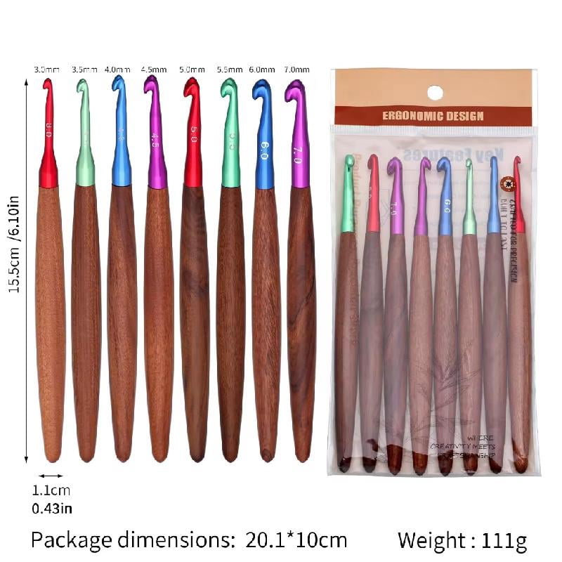 8Pcs Ergonomic Grip Aluminium Crochet Hook 3.0-7.0mm Wooden Handle Crochet Hook Needle for Knitting Sweater Scarf
