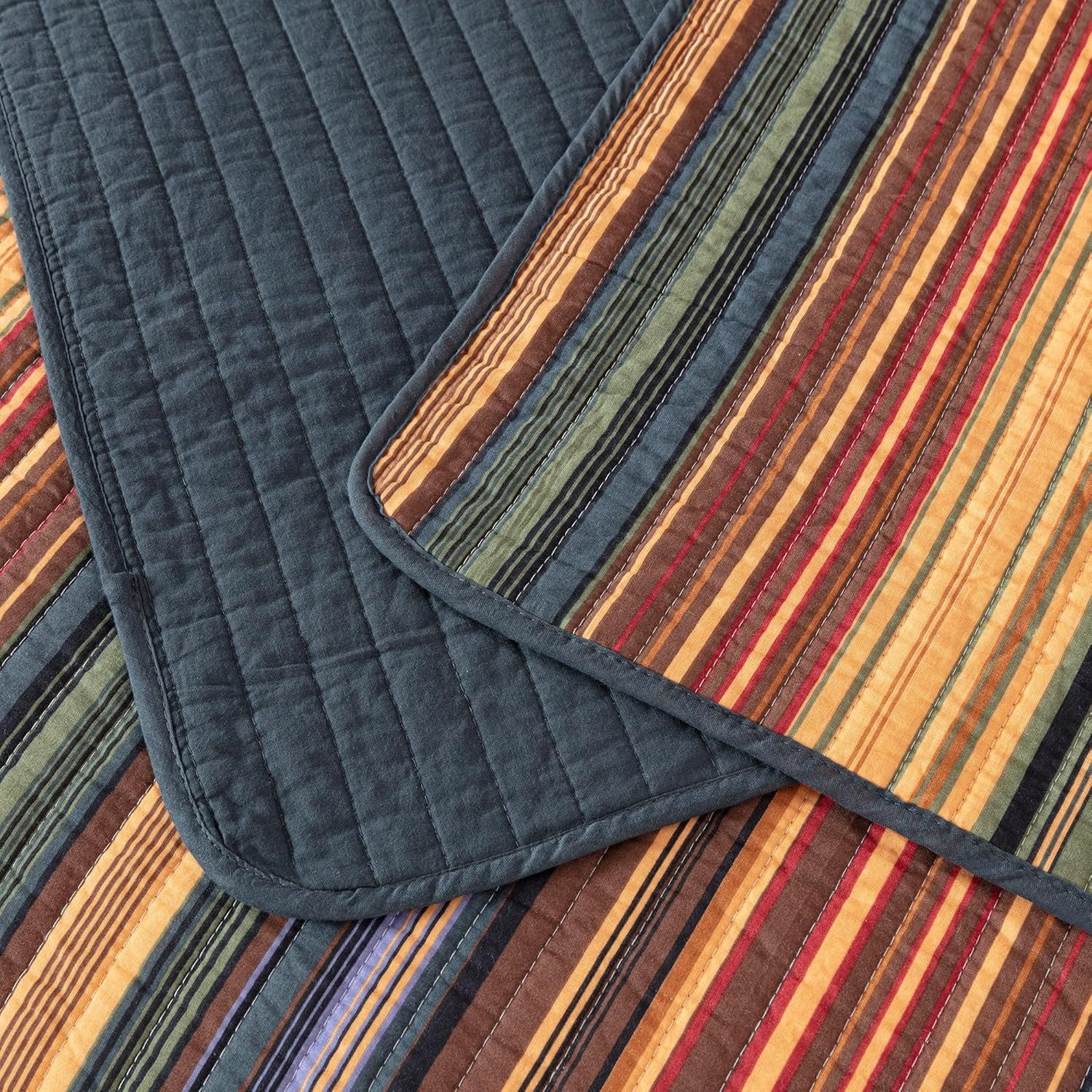 Chezmoi Collection Avery Striped Cotton Quilt Set Oversized King Size, 3-Piece Soft Pre-Washed 100% Cotton Quilt, Multi-Color