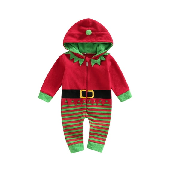 Infant Baby Girl Boy Christmas Outfit 3 6 9 12 18 Months Stripe Hooded Romper Long Sleeve Zipper Jumpsuits Bodysuits