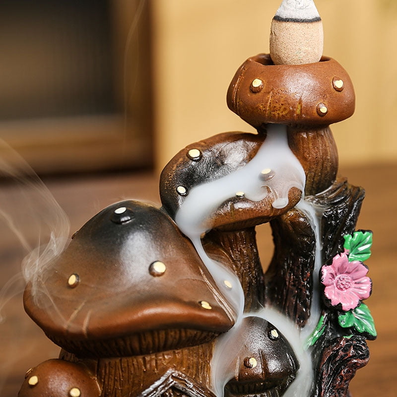 Mushroom House Backflow Censer Backflow Incense Burner Resin Mushroom House Incense Burner Mushroom Incense Holder Flowing Smoke Burner for Relax Desktop Ornament
