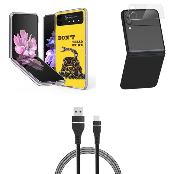Bemz Premium Bundle for Samsung Galaxy Z Flip 3 5G: Slim Snap-On Protector Case (Don't Tread on Me), Rear Camera Glass Protector, Nylon Braided USB-C to USB-A Cable (3 Feet)