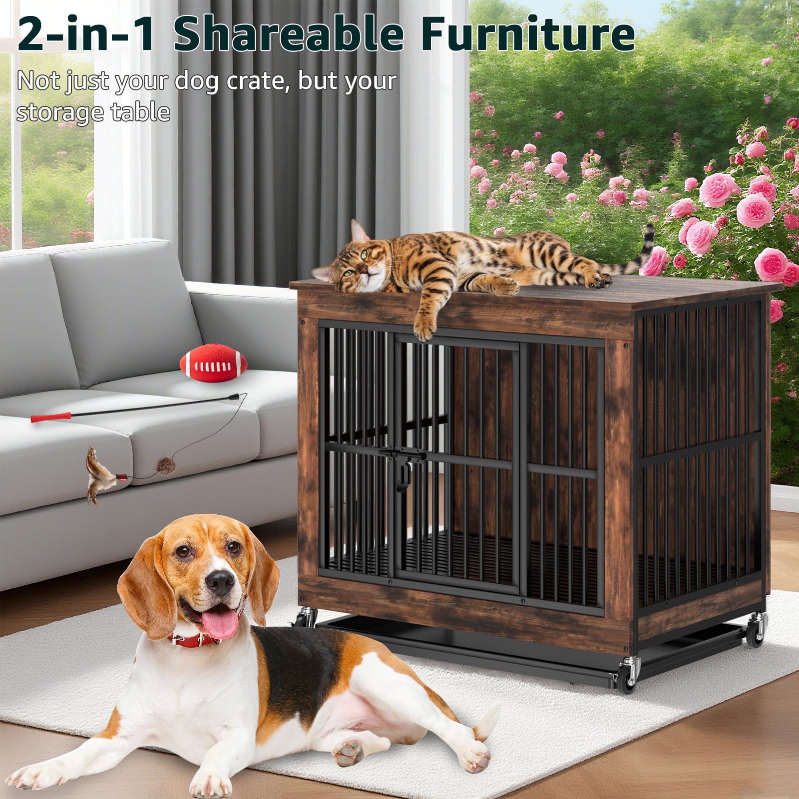 Jacgood 39 inch Dog Crate Furniture, Heavy Duty Dog Kennel End Table with Door & Removable Tray,Chew Proof 0.59" Tube Kennel Furniture with Lock,Rustic Brown