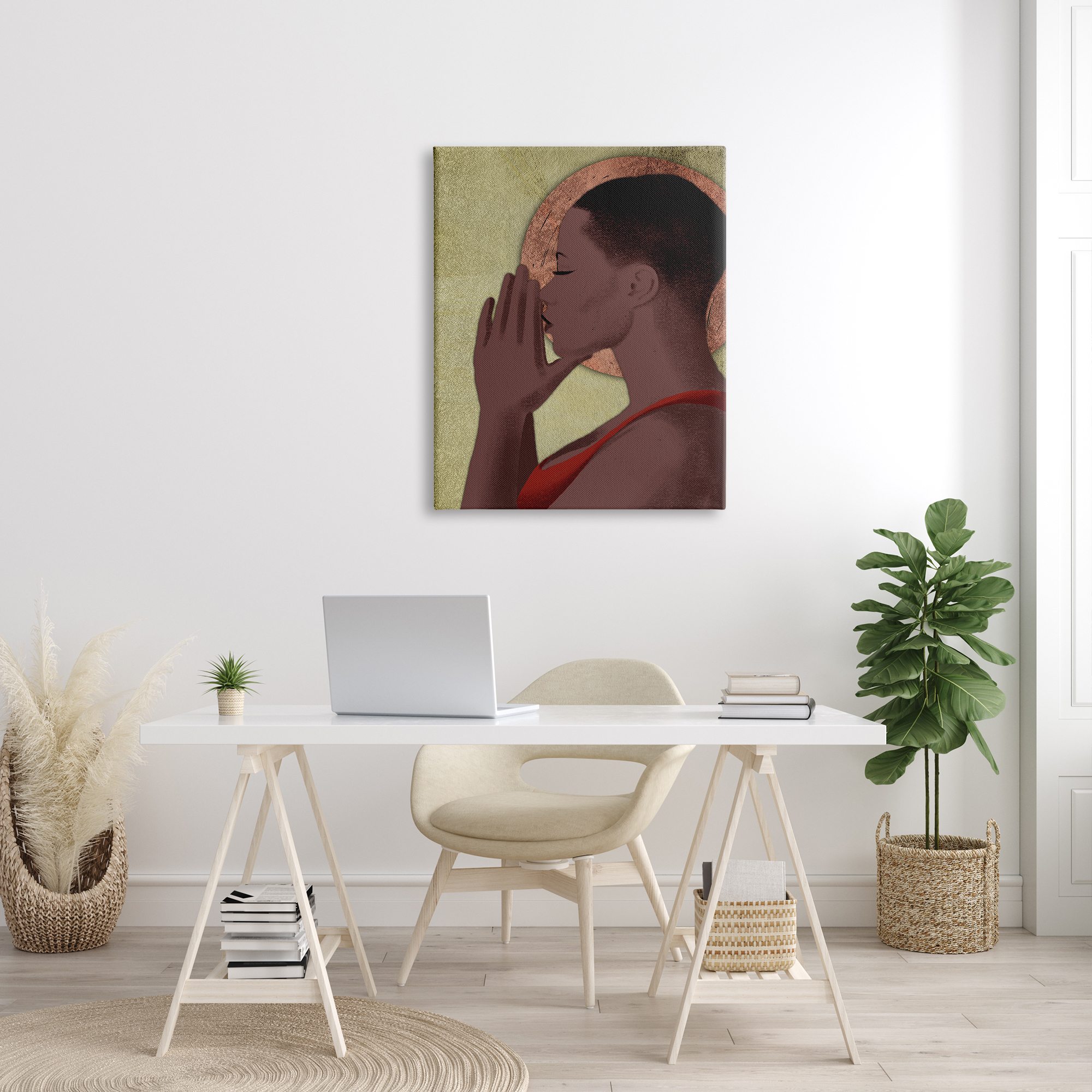 Stupell Industries African American Woman in Prayer Portrait Geometric Shapes World Cultures Painting Gallery Wrapped Canvas Print Wall Art, 30 x 40