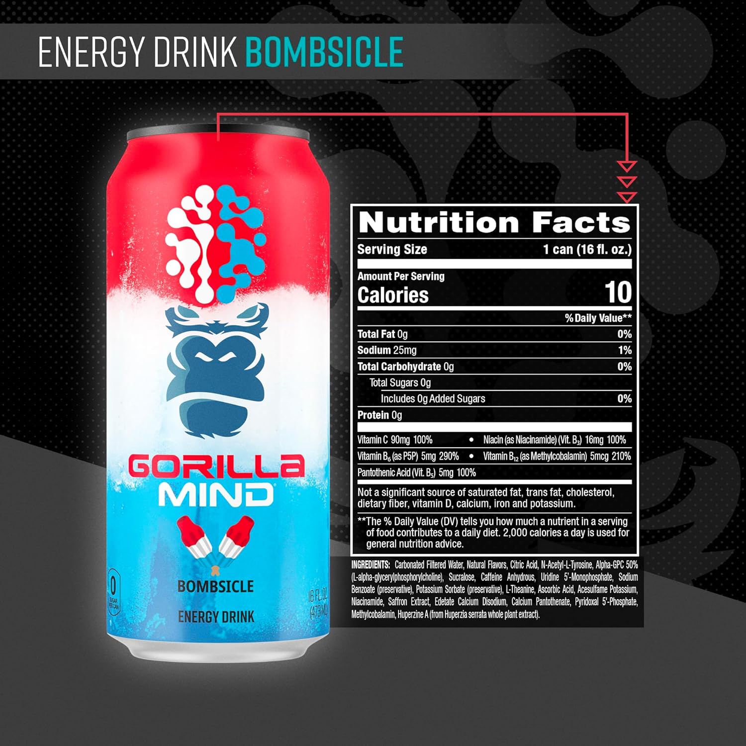 Gorilla Mind Energy Drink, Bombsicle, 16 fl oz Cans, Zero Sugar, Nootropic Performance Beverage, 12 Pack