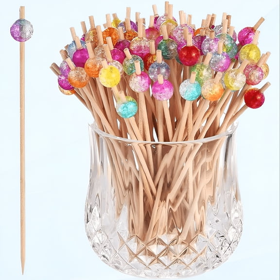 ACDANC Colorful Pearl Fancy Toothpicks - 100-Pack Wooden Food Picks Skewers for Appetizers,Drinks,Fruits Party - 4.72"