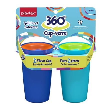 Playtex Sipsters Stage 2 360 Degree Spill-Proof, Leak-Proof, Break-Proof Spoutless Cup for Boys, 10 Oz - 2Count