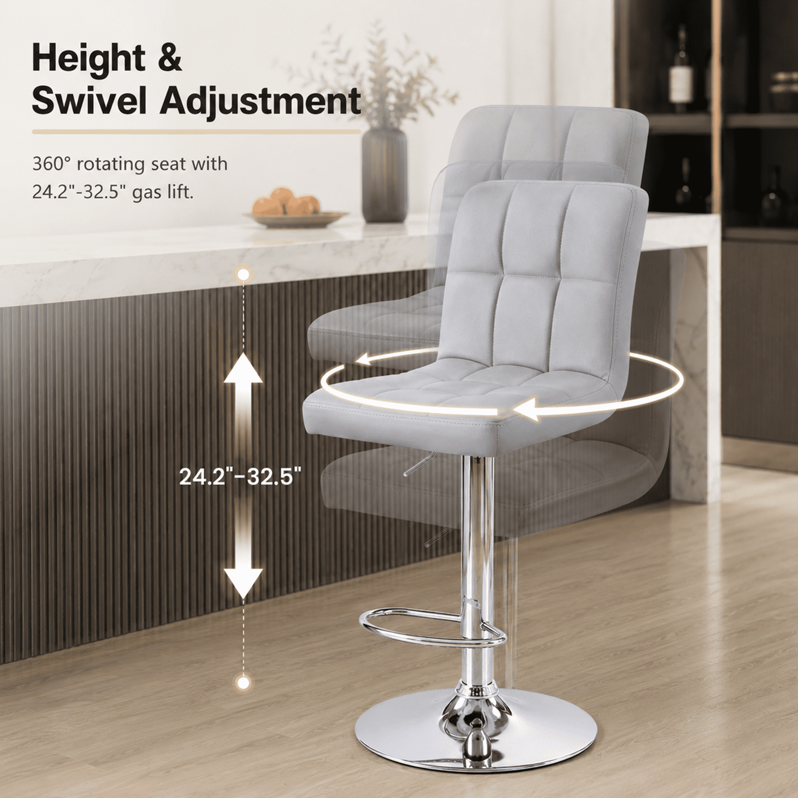 Alvantor 2-Pack Bar Stools, PU Leather Height Adjustable Swivel/ Armless Barstools, Hydraulic Kitchen Counter Height Bar Chairs, Made of Waterproof Polyurethane Leather Material