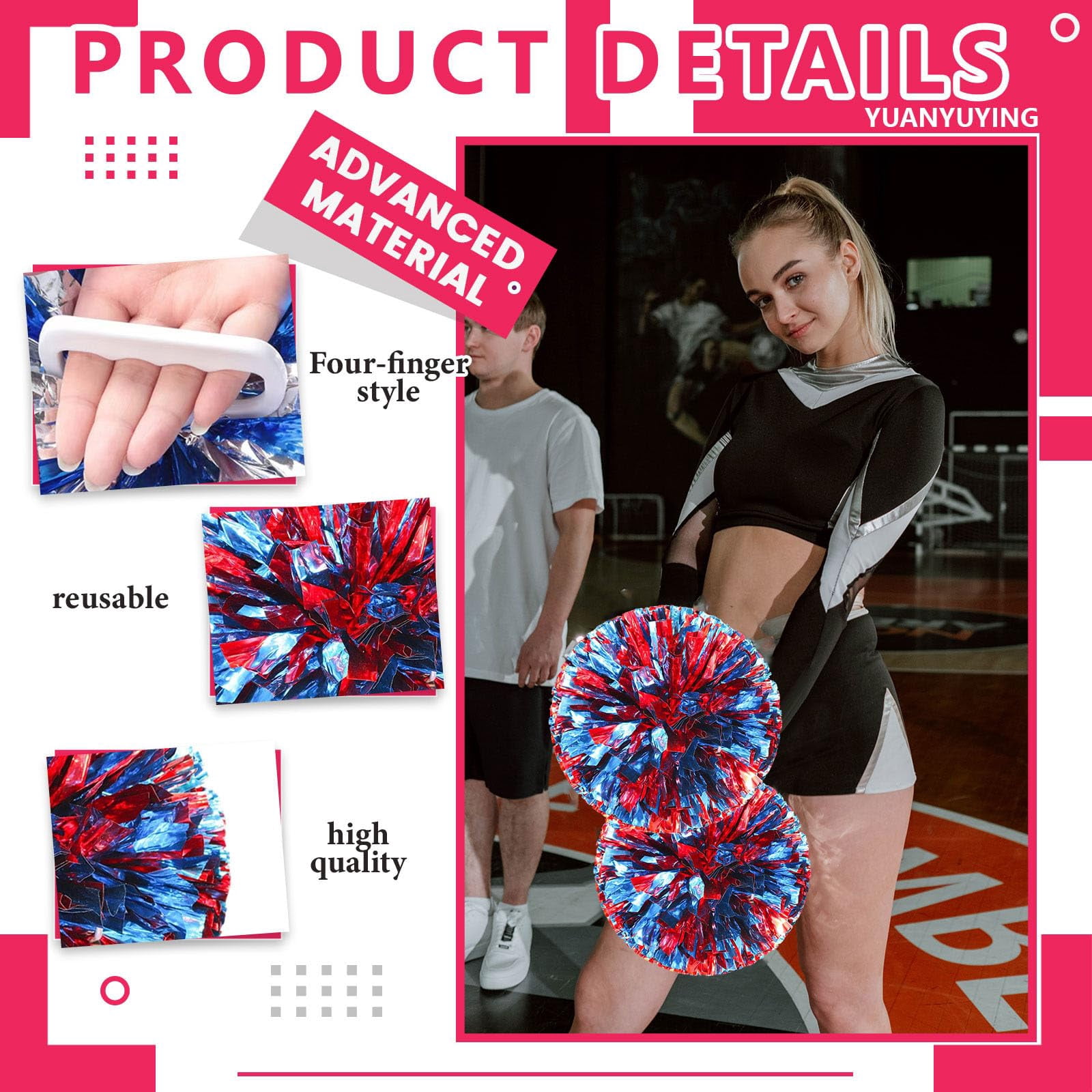 Pom Poms Cheer 18 Pcs with Four Finger Handle, Cheerleading Handheld Squad Pompoms for Sports Team Cheer Spirit Games Dance Party Adults
