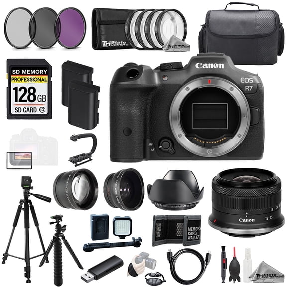 Canon EOS R7 Camera   RF-S 18-45mm f/4.5-6.3 IS STM Lens 128GB Ext Bat 9 PC Filtr MEGA Kit (International Version)