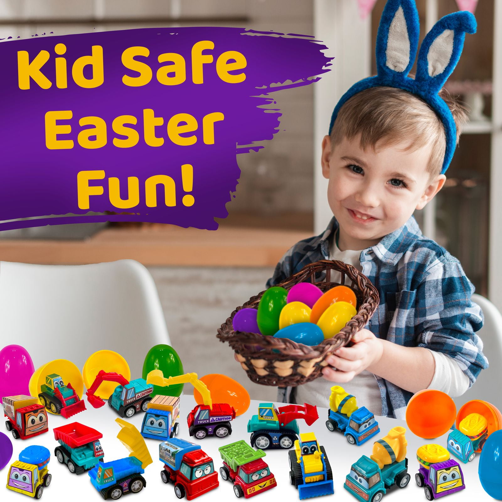 Stargo 24 Pk Colorful Prefilled Easter Eggs with toys - Construction Engineering Vehicles, pull-back cars, Bright Plastic Easter Eggs Filled, Basket Fillers Egg Hunts, Party Favors, Boys Goodie Bags