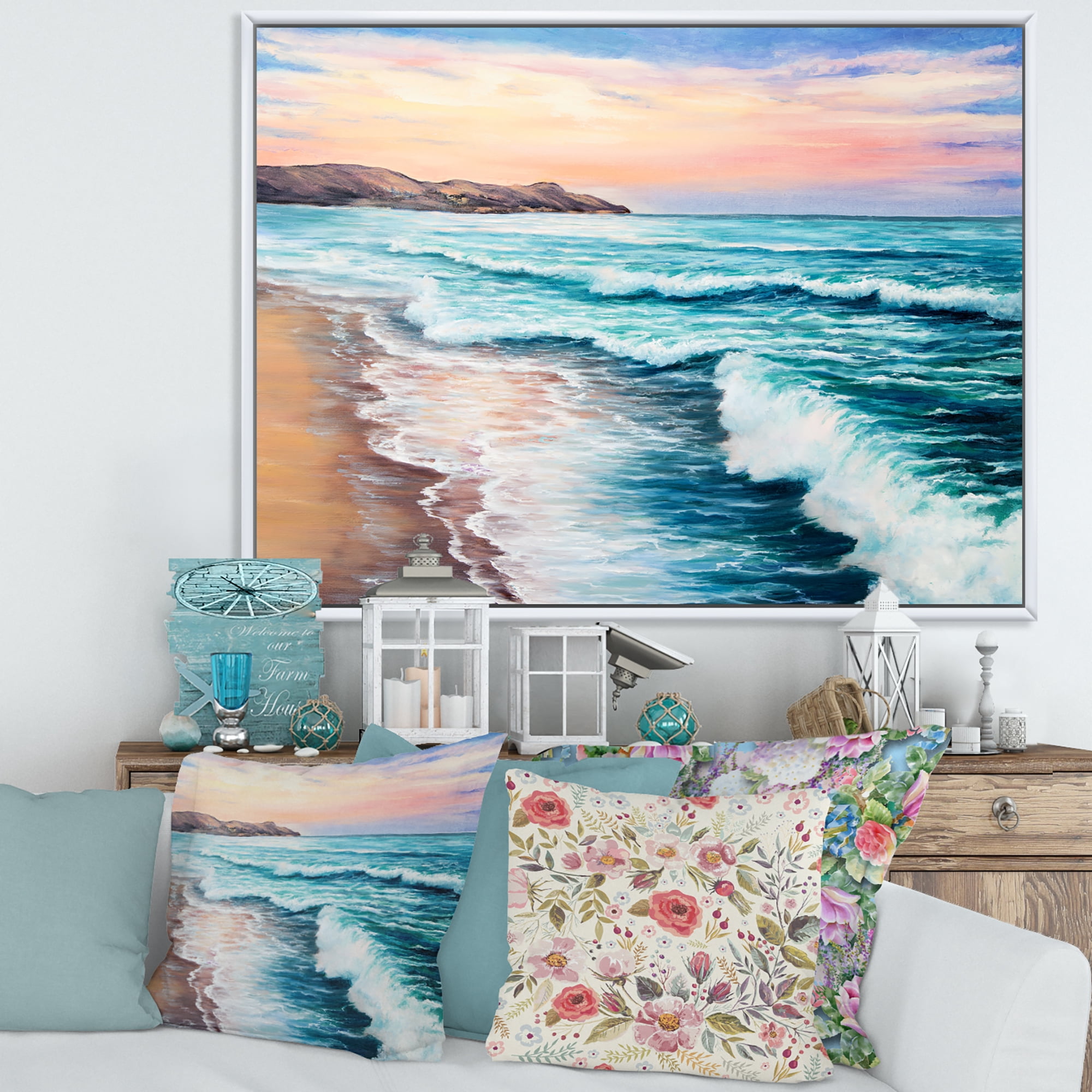 Designart 'Sunrise Glow On The Ocean Waves III' Nautical & Coastal Framed Canvas Wall Art Print