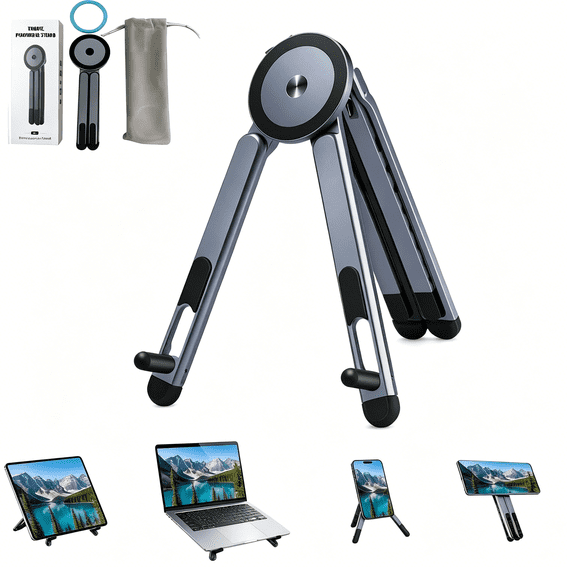 GJX 4-In-1 Foldable Laptop Stand, Magnetic Phone Holder & Multi-Angle Tablet Riser, 8-Level Ergonomic Height Adjustable Aluminum Travel Stand Compatible with Macbook, Ipad