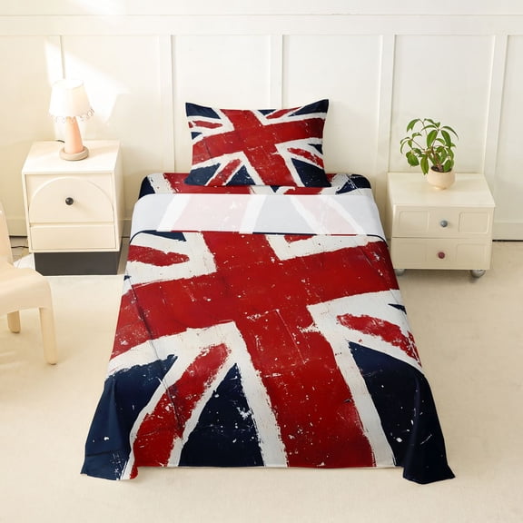 Manfei Vintage Union Jack Twin Sheets,Red White Navy Bedding,3 Pieces,1 Fitted Sheet and 1 Pillowcase
