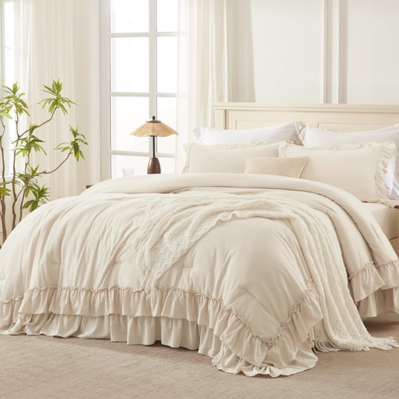 Beige Super King Plus(128''x120'') 3-Piece Ruffle Comforter Bedding Set