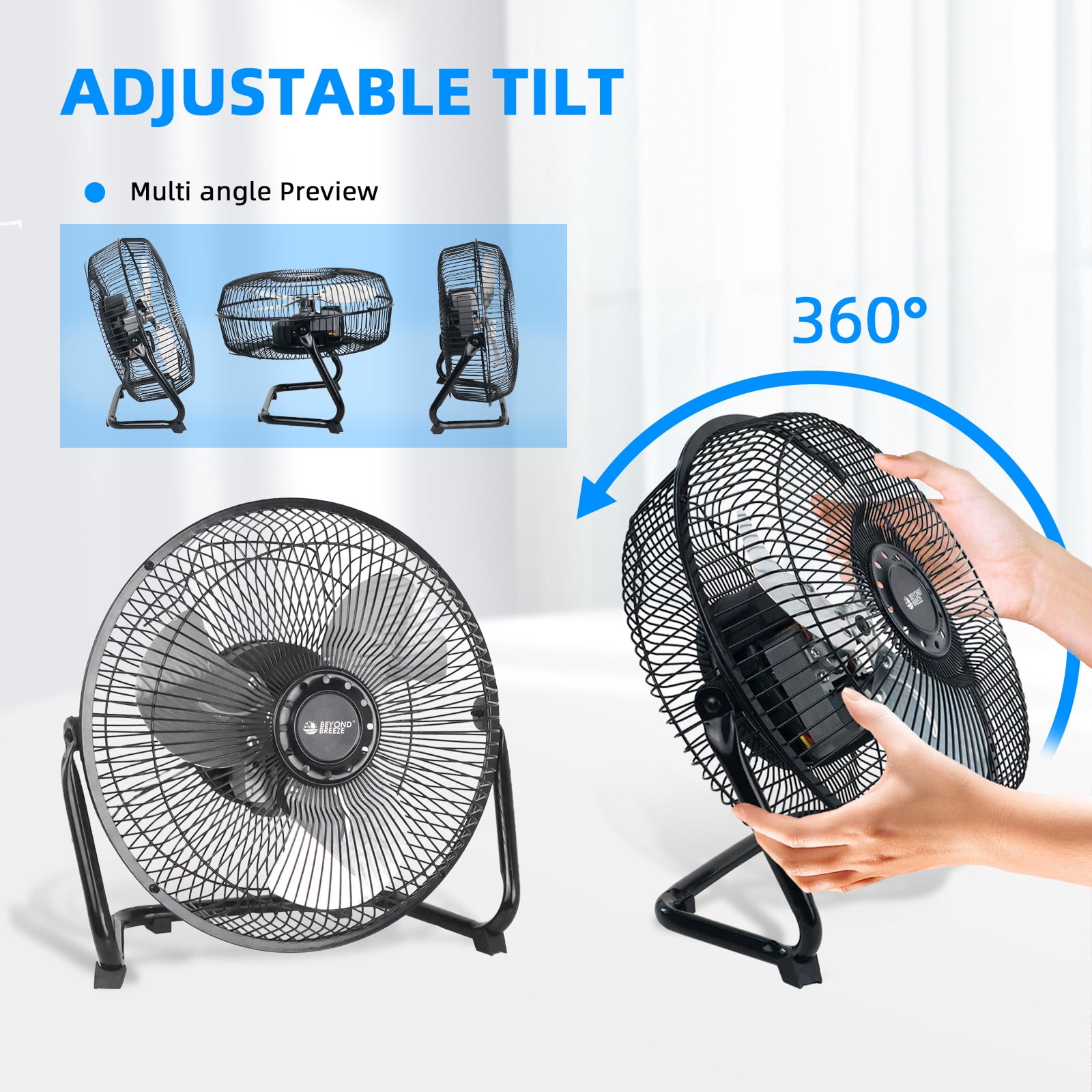 BEYOND BREEZE 9 inch High Velocity Industrial Floor Fan, 3-Speed Heavy Duty All Metal Cradle Floor Fans with Adjustable Tilt for Living Room, Kitchen