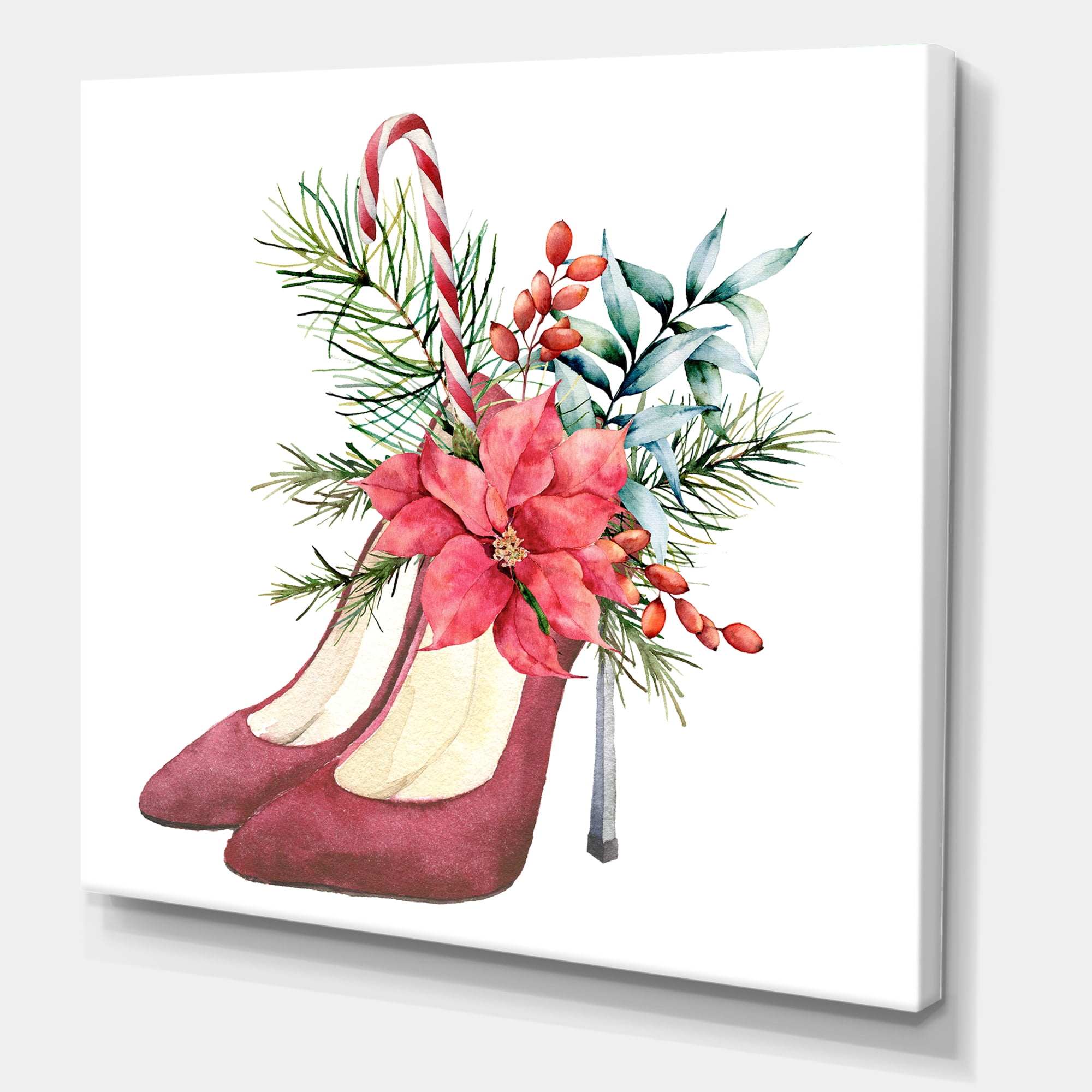 Designart ' Red Suede Heeled Shoes With Christmas Red Floral Decor ' Traditional Canvas Wall Art Print