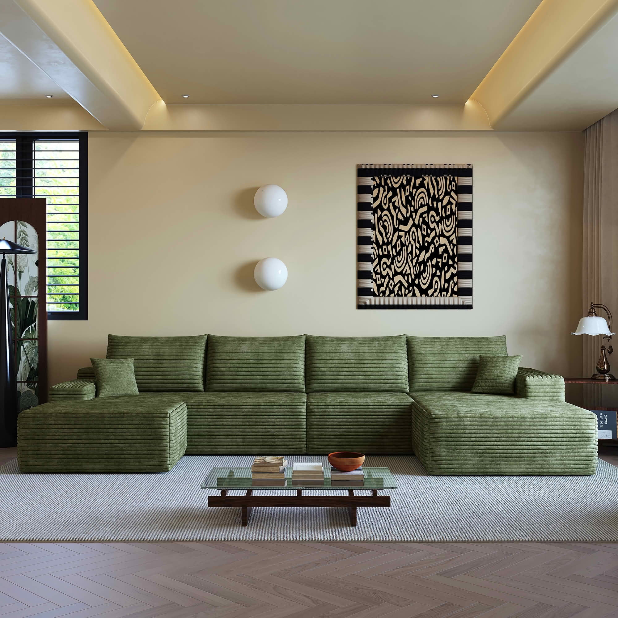 MAYEERTY 135" Cloud Sectional Sofa with Ottoman, U Shaped Deep Seat Couch, Plush Corduroy Fabric, No Assembly Required, Green