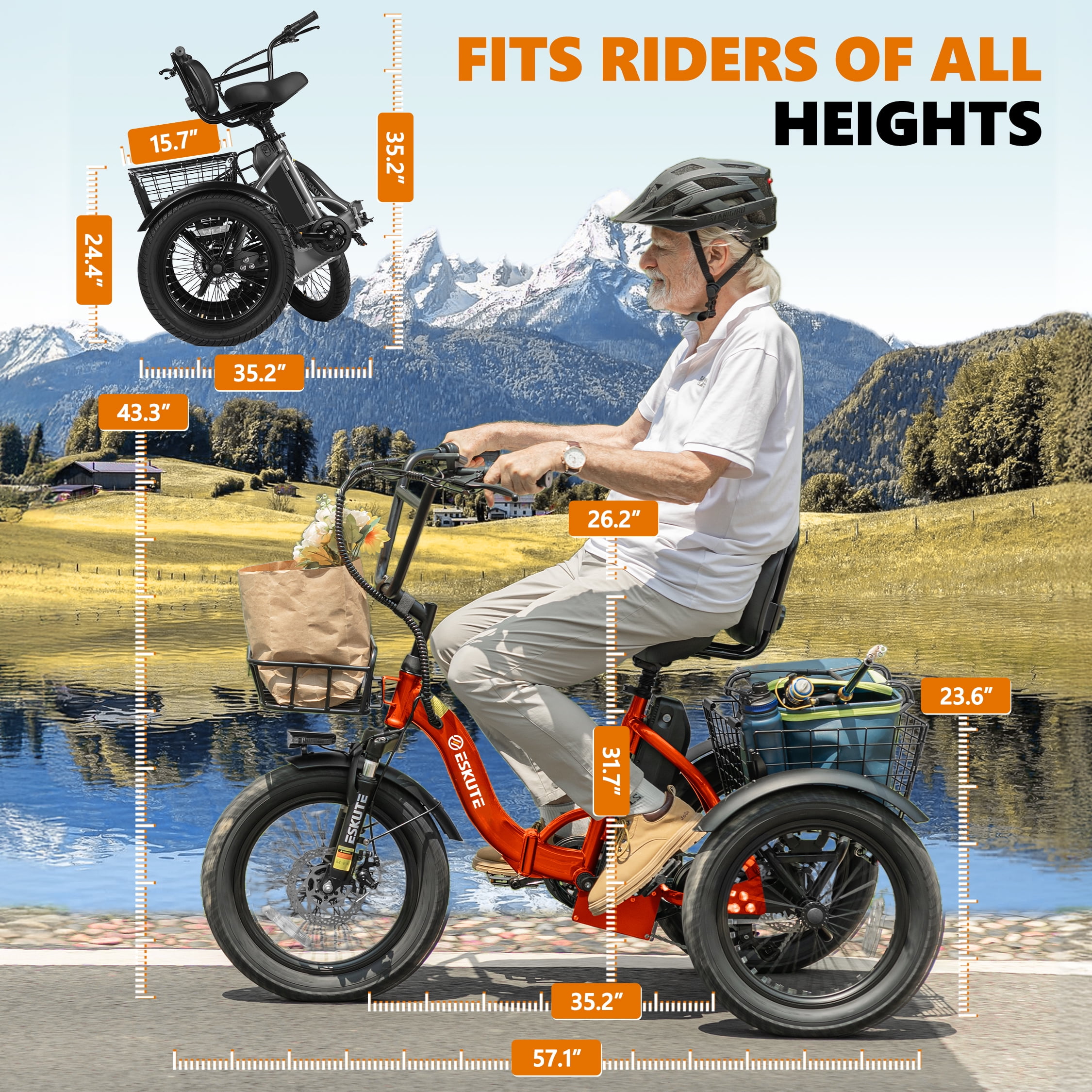 ESKUTE Orange E Trike Electric Bike, Peak 1200W Brushless Motor Folding Trike 18X3.0 Fat Tire Ebike, 499Wh Removable Battery, Step-Thru 3 Wheel Electric Bicycle, 48V 13AH 18MPH+ Tricycle for Adults