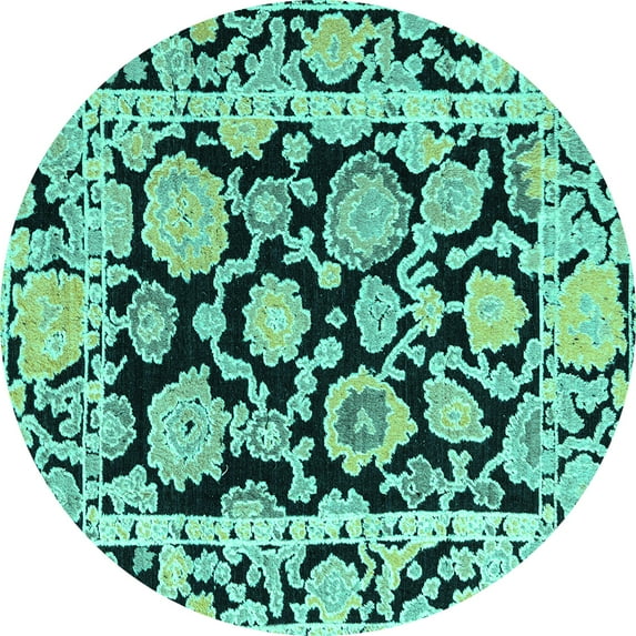 Ahgly Company Machine Washable Indoor Round Abstract Turquoise Blue Modern Area Rugs, 6' Round