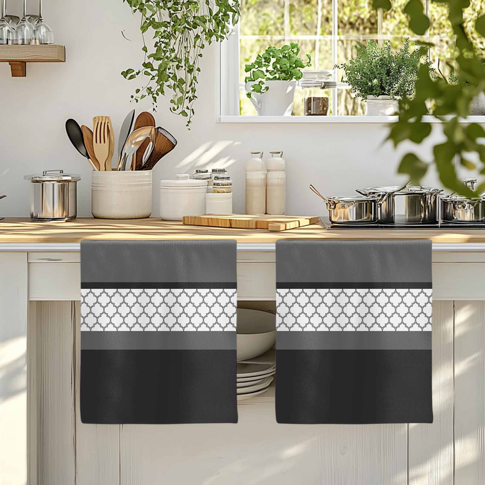 Dish Towels, Black Gray Geometric Absorbent Kitchen Towels 2 PCS, Stitching Morocco Pattern Microfiber Hand Towels Dish Cloths Tea Towels for Home&nbsp;Bathroom Cleaning Drying,18X28-Inch,