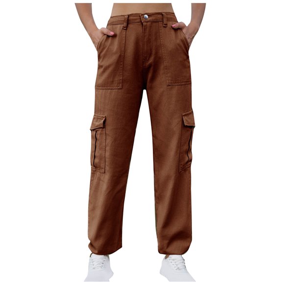 Low Rise Flare Jeans Womens Cargo Denim Jeans High Waisted Stretchy Flap Pocket Straight Leg Pants Elastic Waist Jeans for Women S-53 Brown M