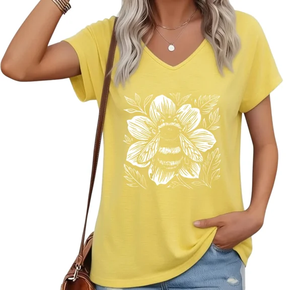 UNISHE Women Floral Bee Graphic V-Neck Short Sleeve T-Shirt Nature Top S-5XL