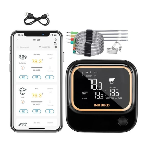 5GHz WiFi & Bluetooth 5.1 Meat Thermometer, Inkbird WiFi Grill Meat Thermometer for Grilling Smoker BBQ Cooking with 4 Probes, IBT-26S Wireless APP Control, Alarm Timer,