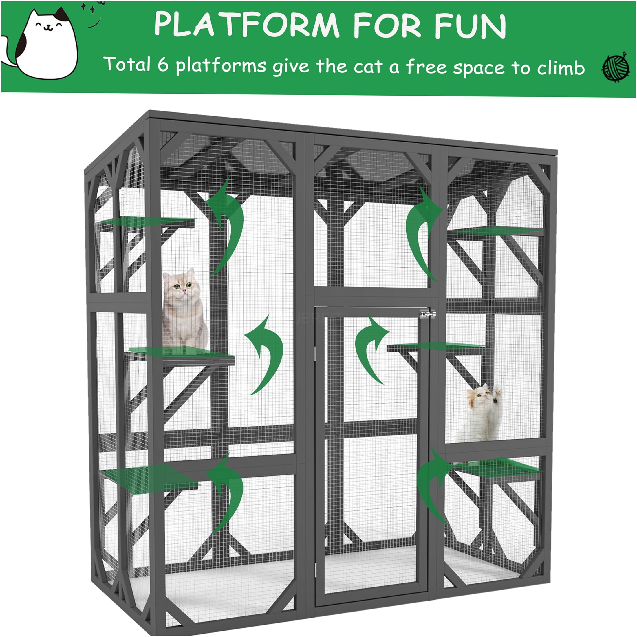 JERFIT 60" Large Outdoor Catio Enclosure with Waterproof Roof, 6 Multi-Level Platforms, Durable Wood & Wire Mesh Cage, Grey Cat House for Multiple Cats