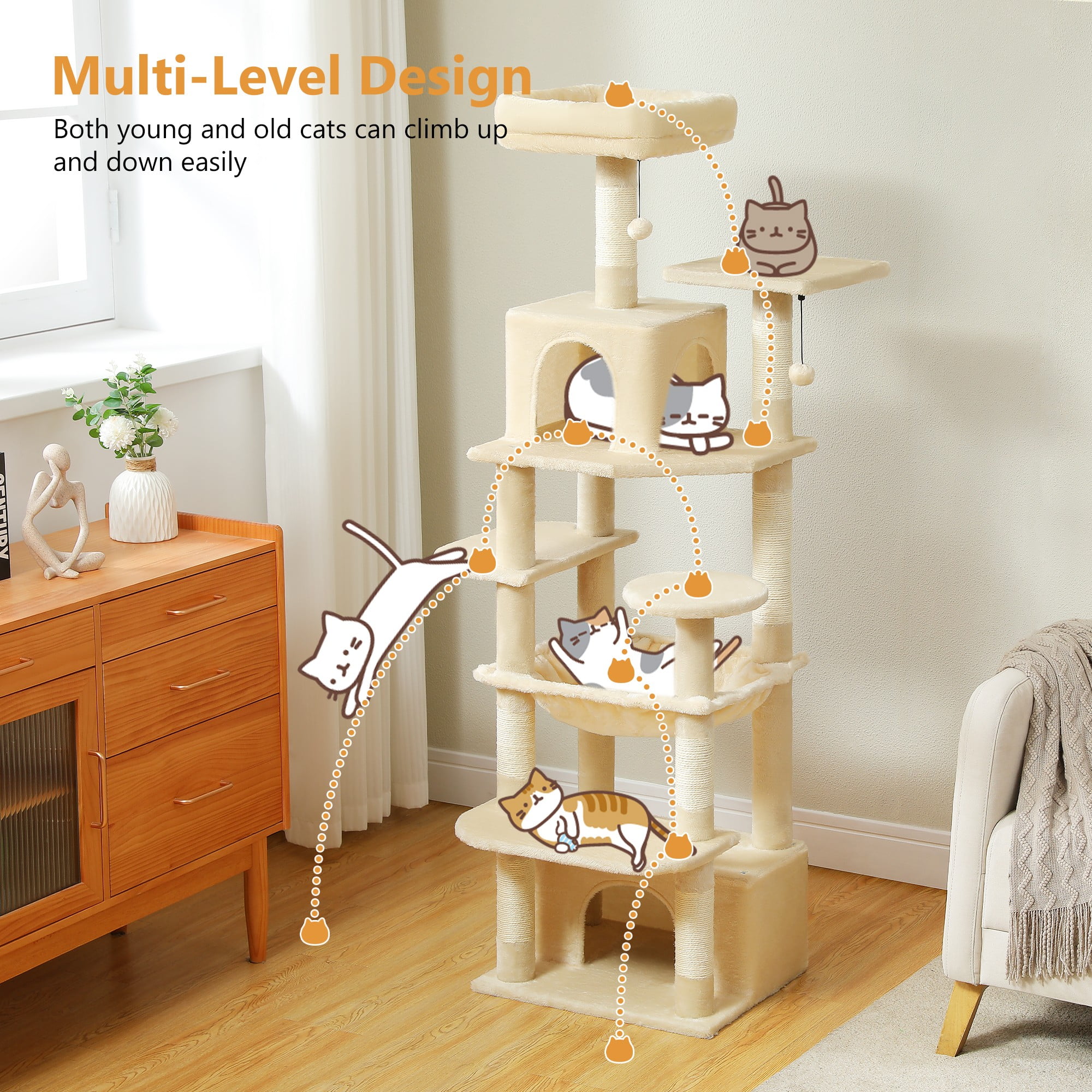 resenkos 64" Modern Cat Tree Tower for Indoor Cats, Cat Condo with Sisal Scratching Post, Hammock and Top Perch, Beige