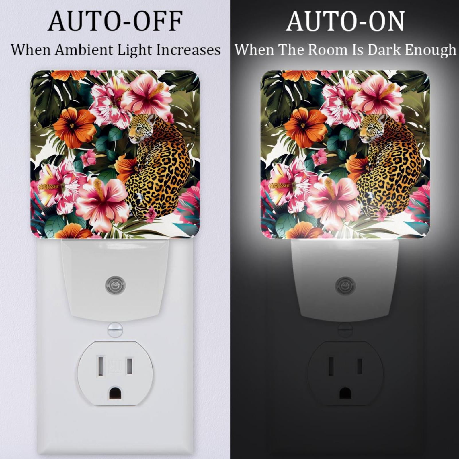 PhooArto Leopard Flower Tropical Pattern Plug in LED Night Light Auto Sensor Dusk to Dawn Decorative Night for Bedroom, Bathroom, Kitchen, Hallway, Stairs, Baby's Room, Energy Saving
